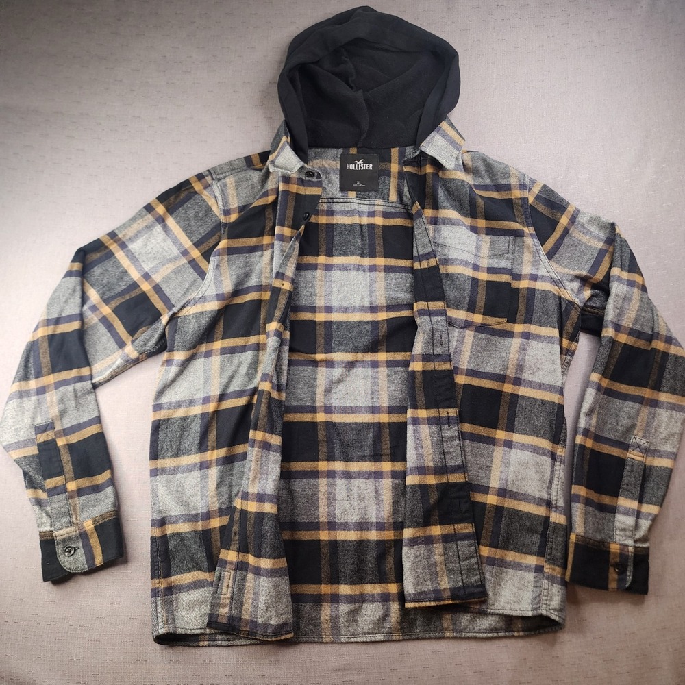 Hollister Mens Hooded Flannel Button Down Shirt XL Grey Black Yellow Plaid Hood
